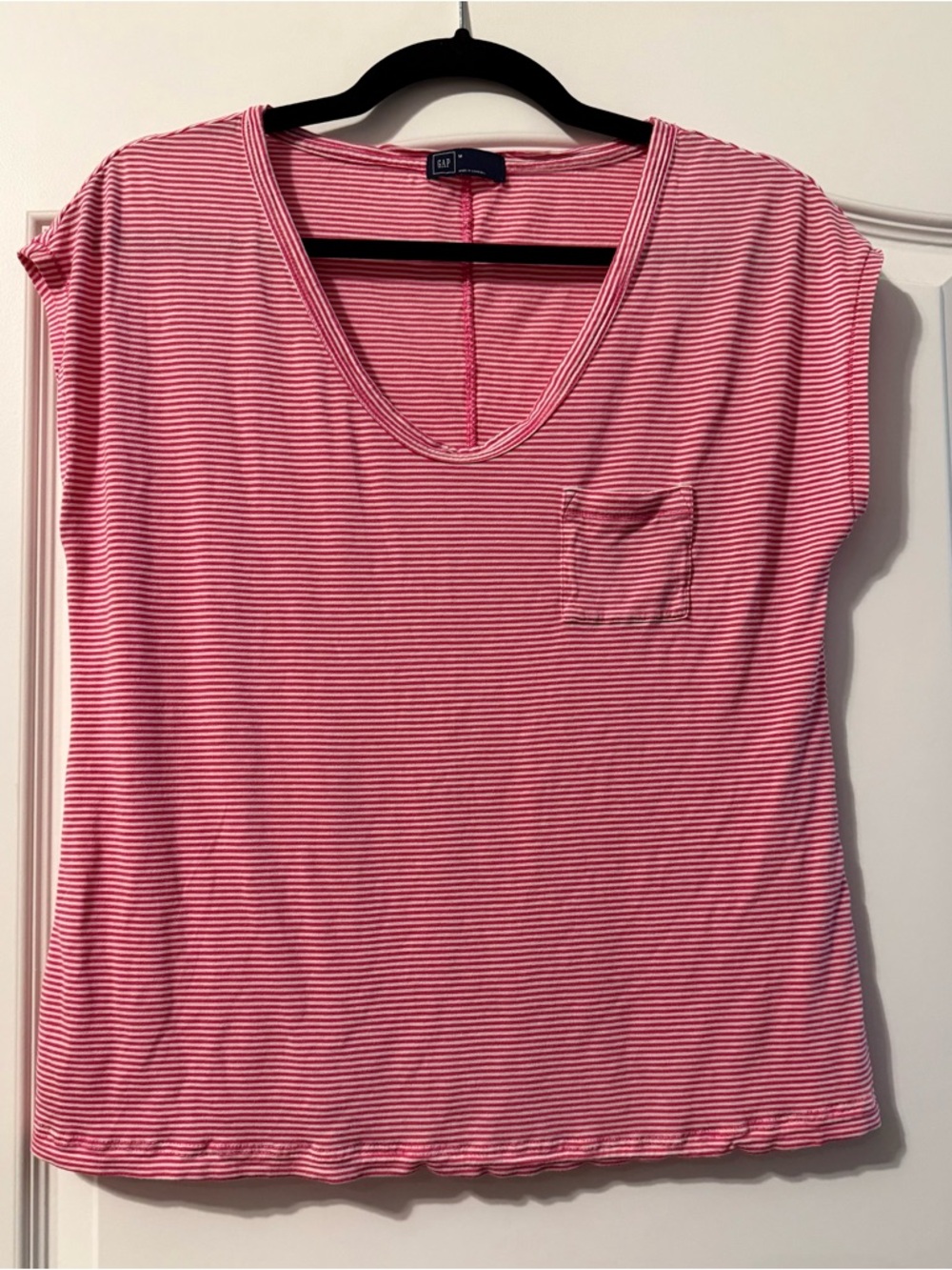 GAP Pink & White Striped Scoop / V-Neck Tee with Pocket